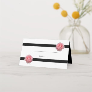 Pink Rose Black Ribbon Wedding Place Card