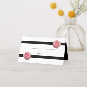 Pink Rose Black Ribbon Wedding Place Card