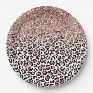 Pink Rose Black White Leopard Glitter Sparkle      Paper Plate