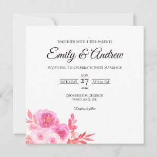 Pink Rose Bloom Floral Watercolor Square Wedding Invitation