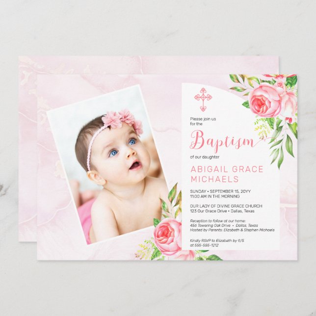 Pink Rose Blooms Girl Baby Photo Baptism  Invitation (Front/Back)