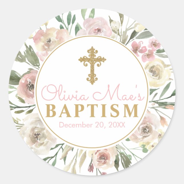 Pink Rose Blooms Girl Baptism Favour Tag Stickers (Front)