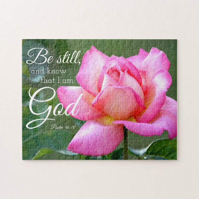 Pink Rose Blossom Be Still Psalm 46:10 Jigsaw Puzzle (Horizontal)