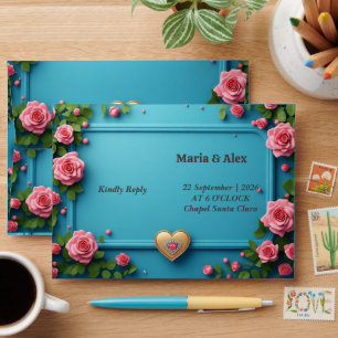 💍 Pink Rose Blue Gold Heart Wedding Theme 🌸 Envelope