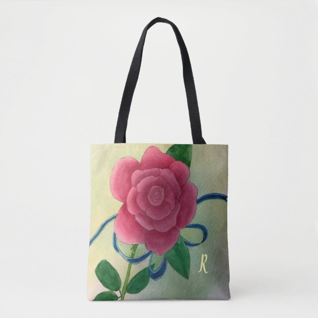 Pink Rose Blue Ribbon Watercolor Monogram Tote Bag (Front)