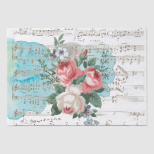Pink Rose Blue Watercolor Sheet Music Vintage
