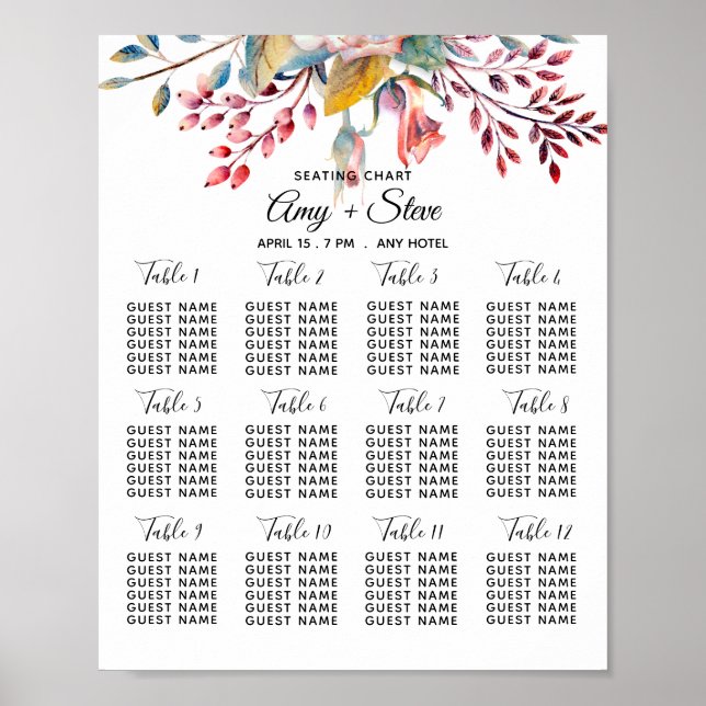 Pink Rose Blush Floral Wedding Table Seating Chart (Front)