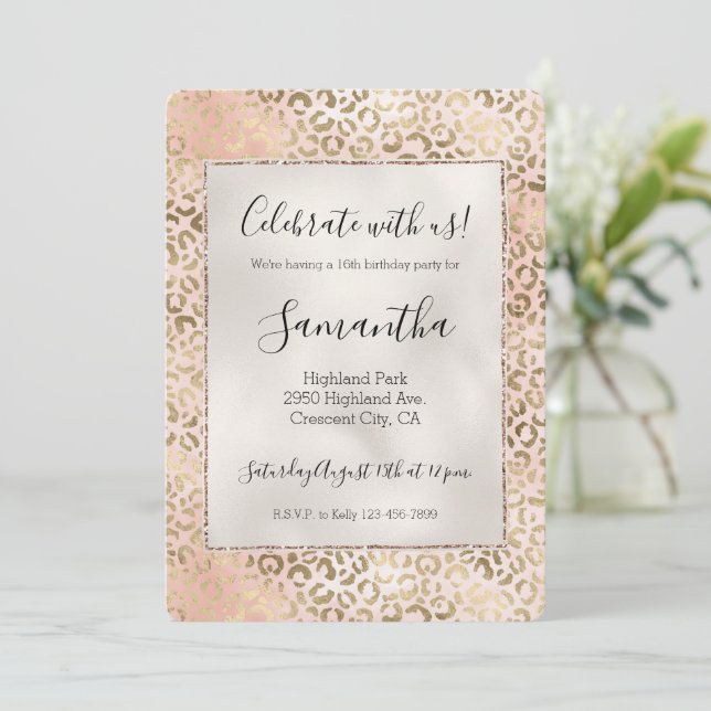 Pink Rose Blush Gold Leopard Animal Print   Invitation (Standing Front)