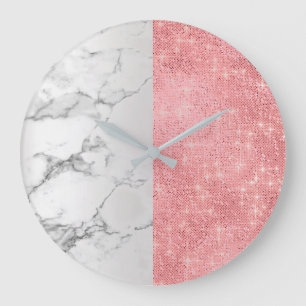 Pink Rose Blush Marble Grey Sequin Diamond Sparkly Large Clock
