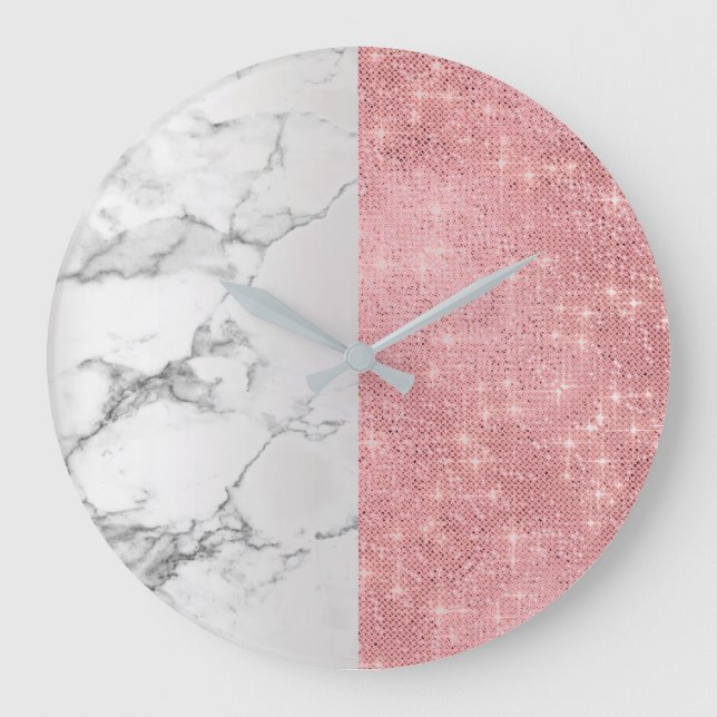 Pink Rose Blush Marble Grey Sequin Diamond Sparkly Large Clock (Front)