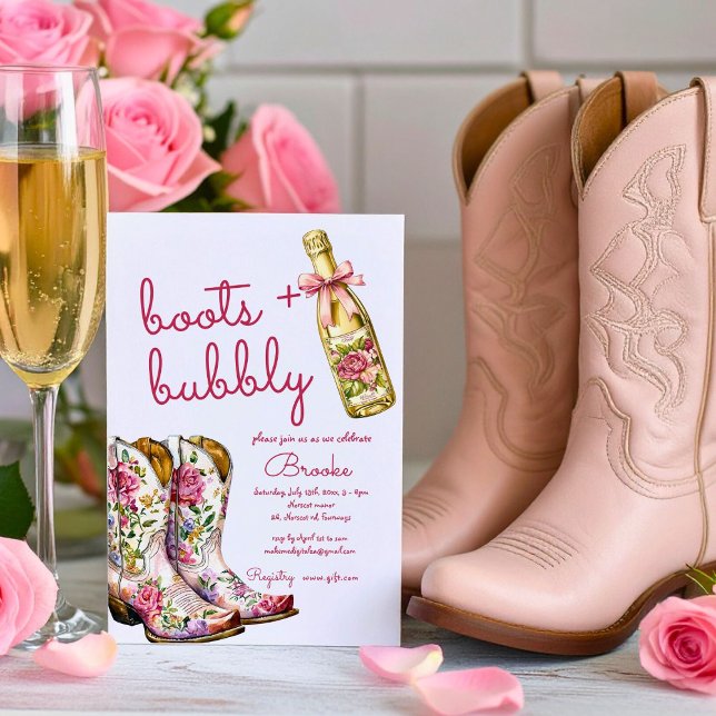 Pink Rose Boots and Bubbly Bridal Shower Invitation (Creator Uploaded)