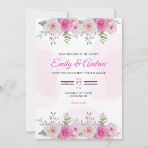 Pink Rose Border Elegant Floral Watercolor Wedding Invitation