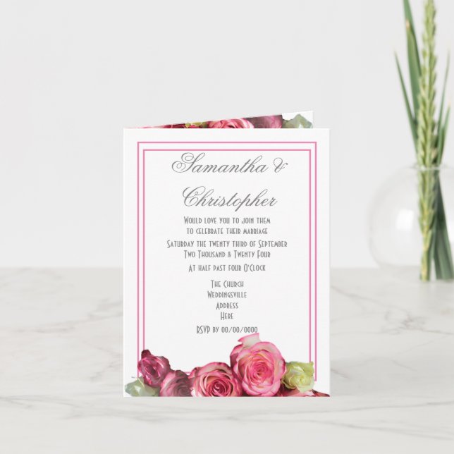 Pink rose border floral wedding invitation (Front)