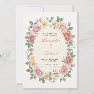 Pink Rose Botanical Oval Wedding Invitation