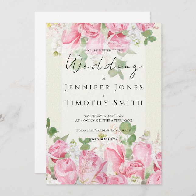 pink  rose bouquet  and green leaf  watercolour  invitation (Front/Back)