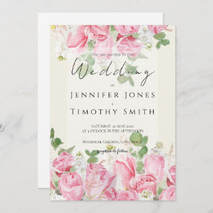 pink  rose bouquet  and green leaf  watercolour  invitation