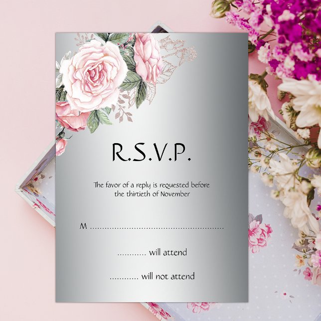 Pink Rose Bouquet and Silver Elegance Wedding RSVP Invitation (Creator Uploaded)