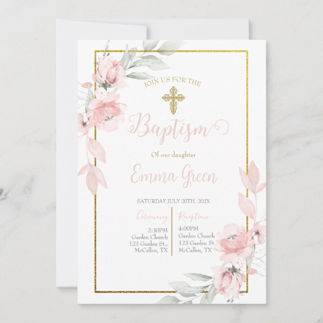 Pink rose bouquet baptism invitation for girl  (Front)