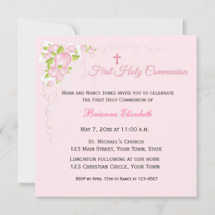 Pink Rose Bouquet First Communion Invitation