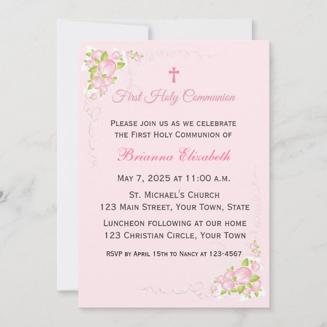 Pink Rose Bouquet First Communion Invitation (Front)