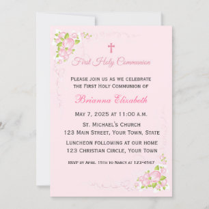 Pink Rose Bouquet First Communion Invitation