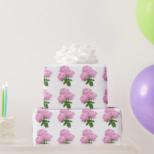 Pink Rose Bouquet Floral Pattern on White Wrapping Paper