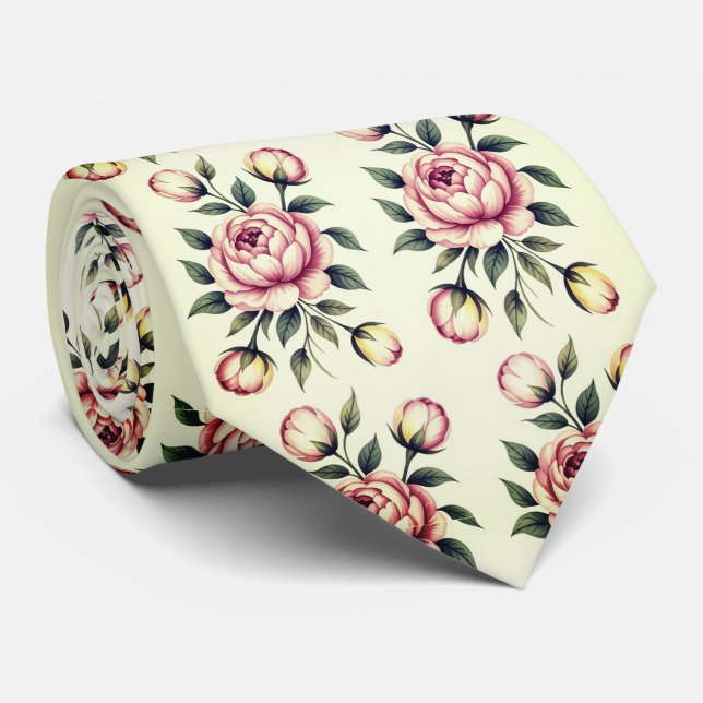 Pink Rose Bouquet Floral Tie (Rolled)