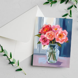 Pink Rose Bouquet Glass Vase Romantic Floral Card