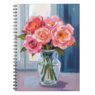 Pink Rose Bouquet Glass Vase Romantic Floral Notebook