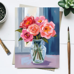 Pink Rose Bouquet Glass Vase Romantic Floral Postcard
