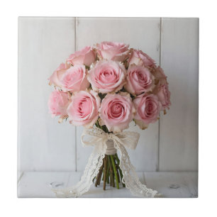 Pink Rose Bouquet Pearl Lace Romantic Tile