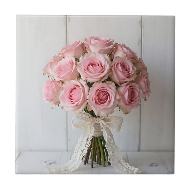 Pink Rose Bouquet Pearl Lace Romantic Tile (Front)