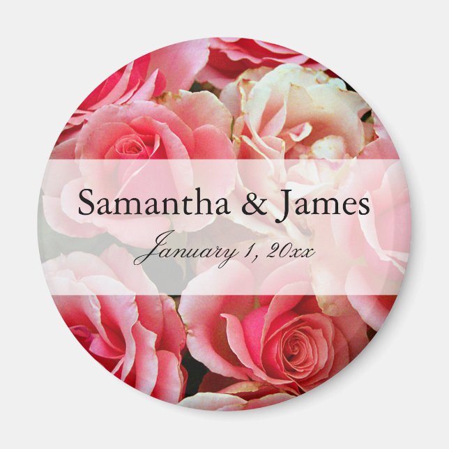 Pink Rose Bouquet Personalised Wedding Magnet (Front)