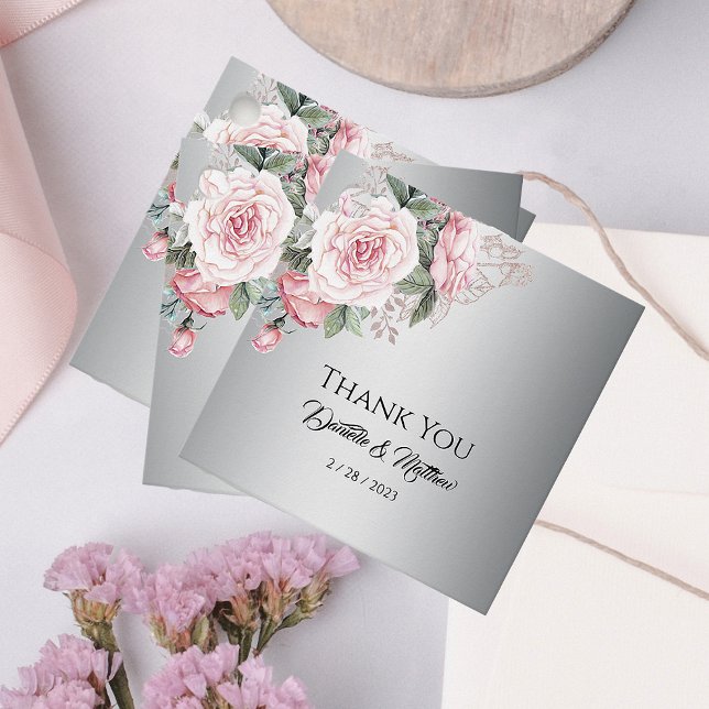 Pink Rose Bouquet Silver Wedding Tags (Creator Uploaded)