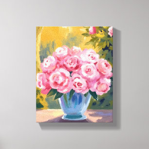 Pink Rose Bouquet   Watercolor Floral Vase Canvas Print
