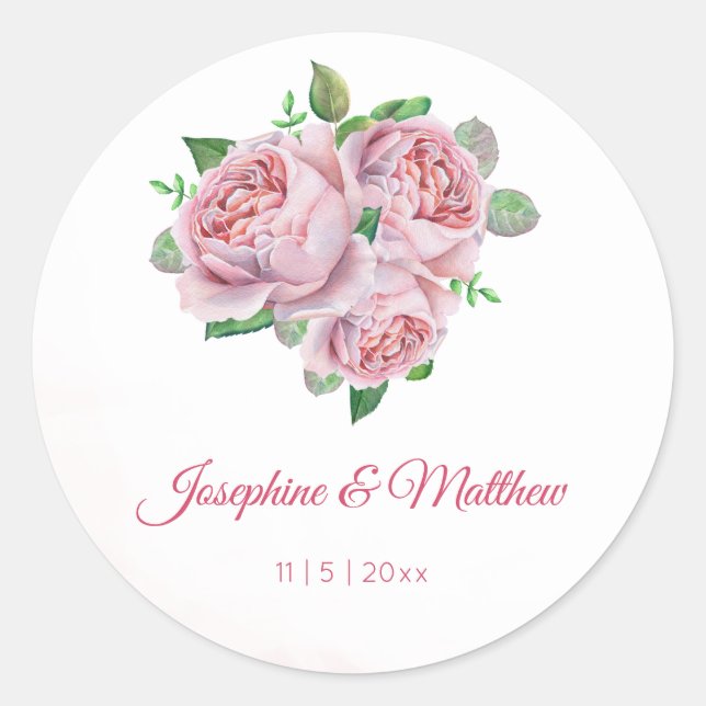 Pink Rose Bouquet Watercolor Wedding Stickers (Front)