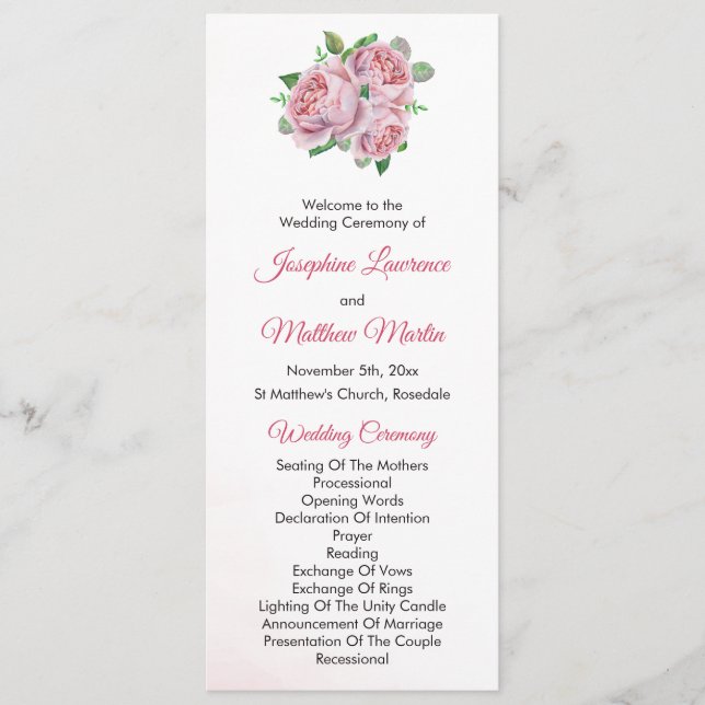 Pink Rose Bouquet Wedding Ceremony Programme (Front)
