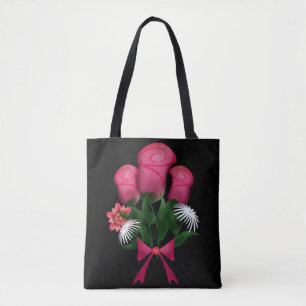 Pink Rose Bouquet with Floral Ribbon Tote Bag