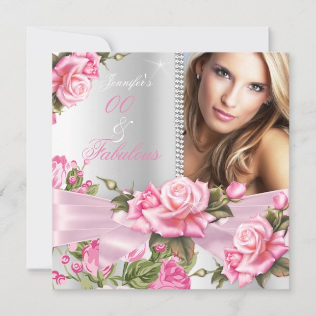 Pink Rose Bow Photo Fabulous Silver Birthday Invitation (Front)