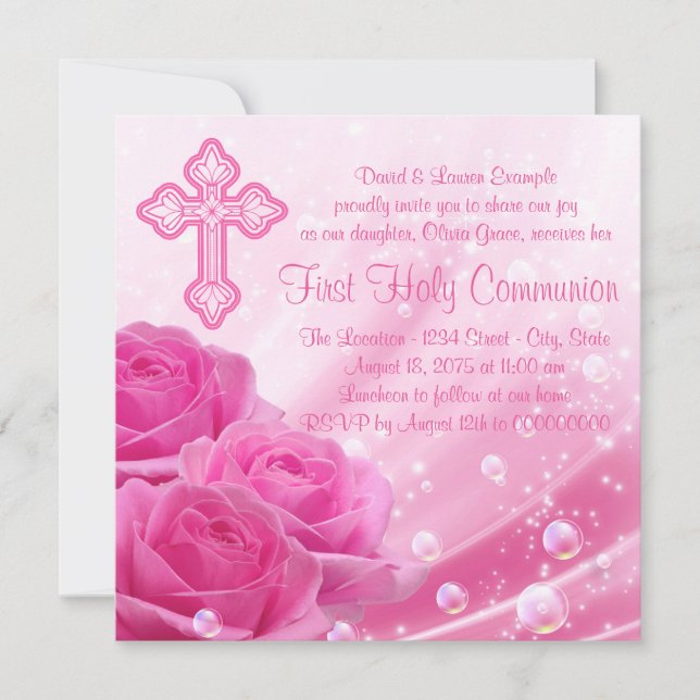 Pink Rose Bubbles First Communion Invitation (Front)