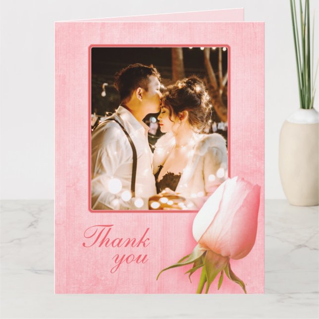 Pink rose bud wedding large photo thank you card (Front)