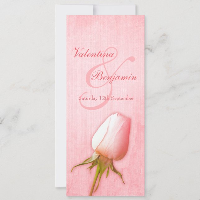 Pink rose bud wedding reception dinner menu invitation (Front)