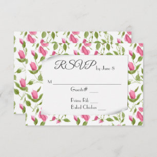 Pink Rose Buds On White Wedding RSVP