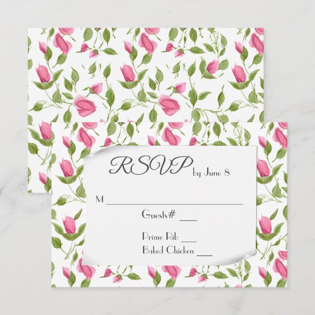 Pink Rose Buds On White Wedding RSVP Card (Front/Back)