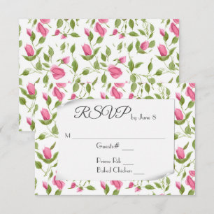 Pink Rose Buds On White Wedding RSVP Card