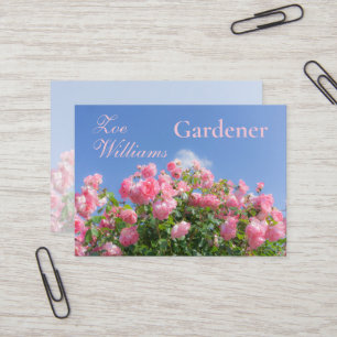 Pink rose bush under blue sky, custom business card