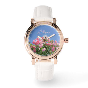 Pink rose bush under blue sky, custom watch
