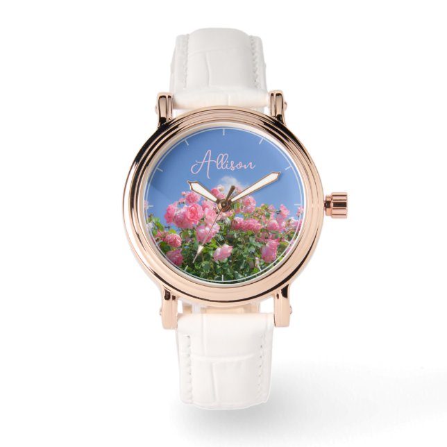 Pink rose bush under blue sky, custom  watch (Front)