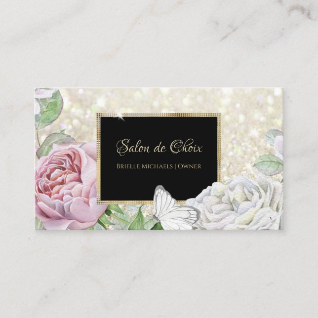 Pink Rose Butterfly Glitter Black and Gold Script Business Card (Front)
