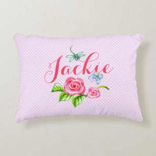 Pink Rose Butterfly Nature Polkadots Accent Pillow